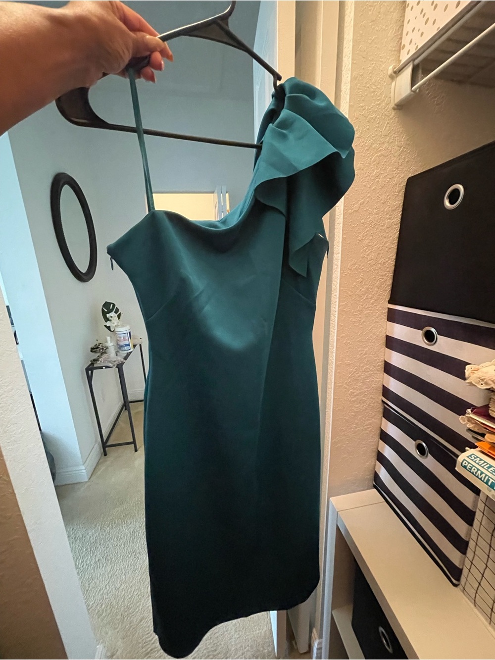 Jessica Howard Teal One-Shoulder Ruffle Sheath Dress